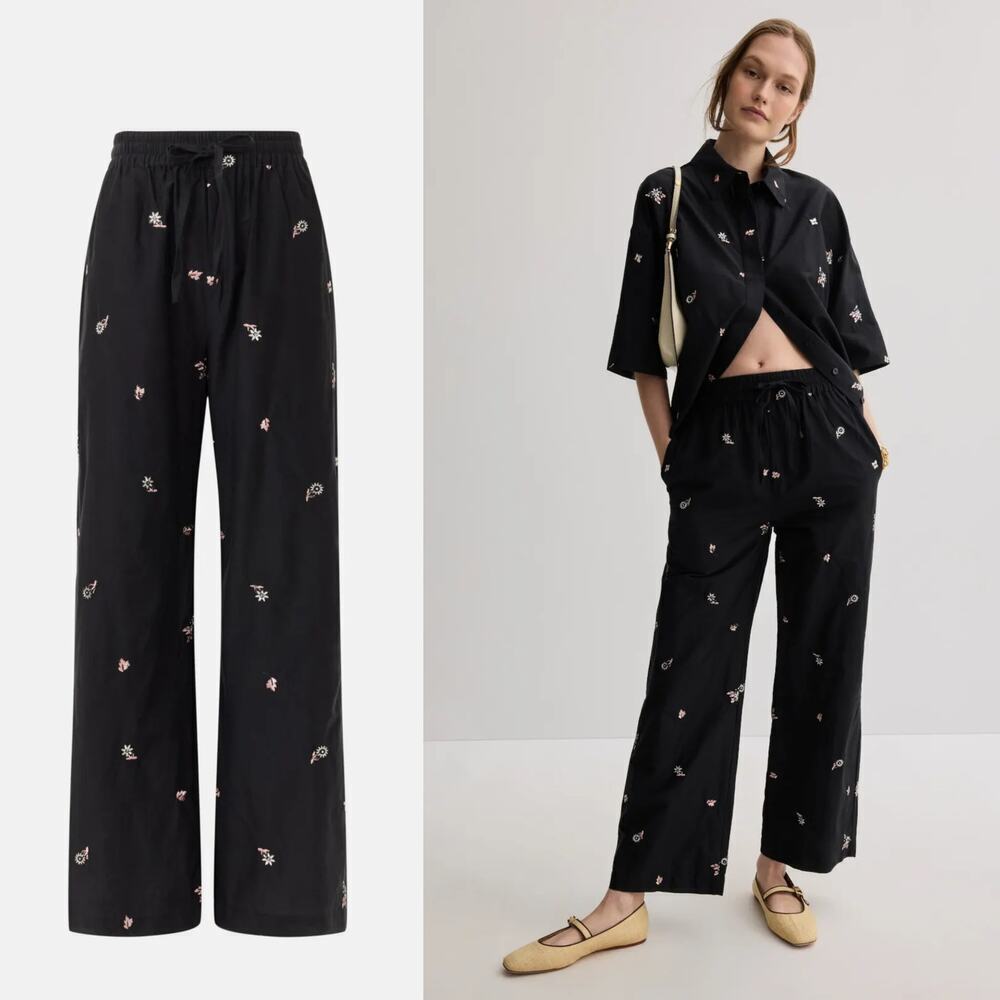 ROMY June Pants Silk Blend Floral Embroidered High Rise Relaxed Wide Leg Black M